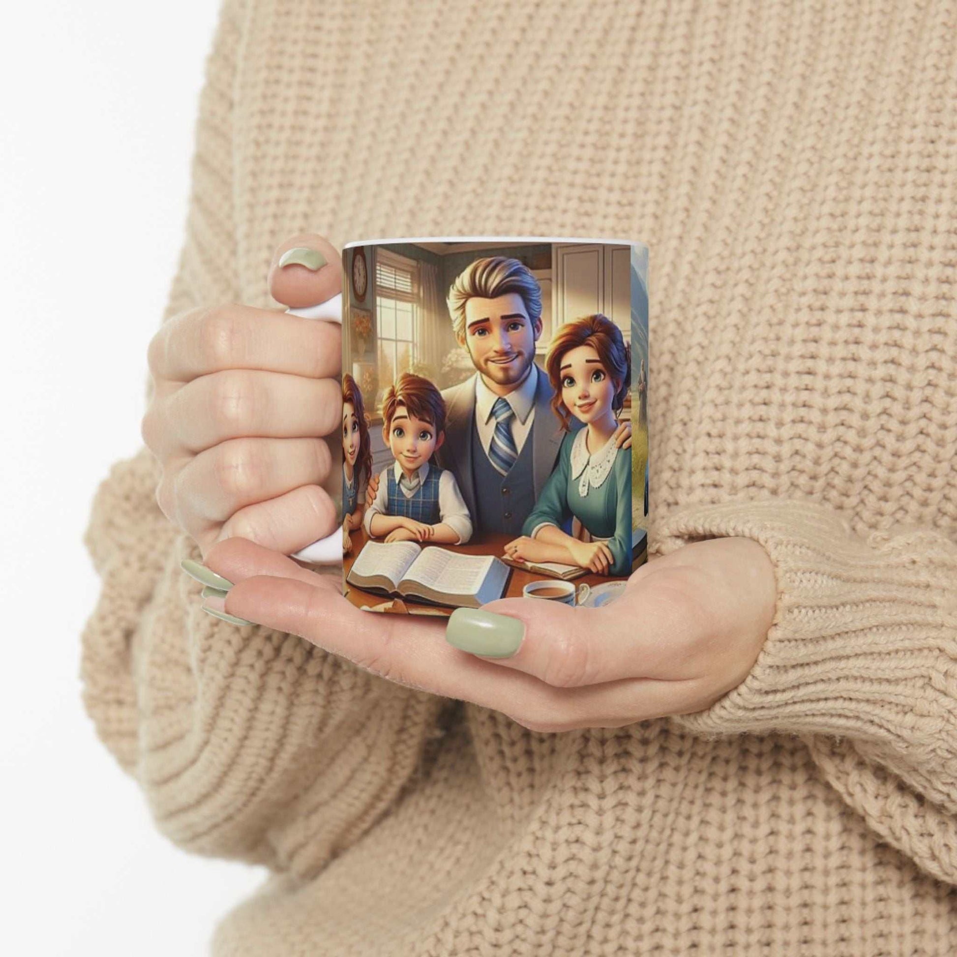 Ceramic coffee cup with family worship scene, vibrant colors, microwave and dishwasher safe.