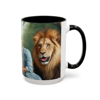 Ceramic coffee cup featuring a tiger and lion couple design, vibrant colors, glossy finish.