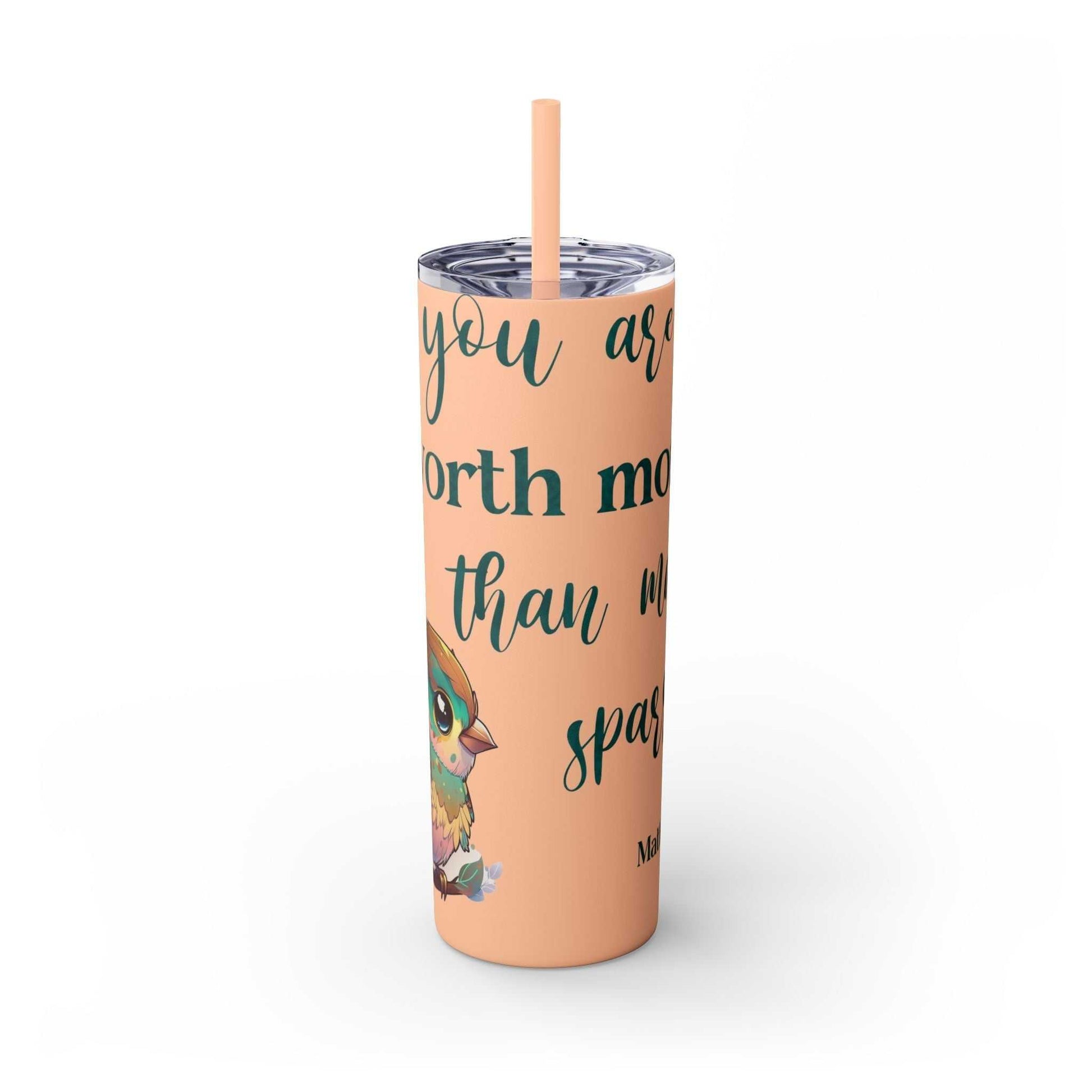 Stainless steel tumbler with inspirational "Worth More Than Sparrows" design, 20oz size, keeps drinks hot or cold, BPA-free.