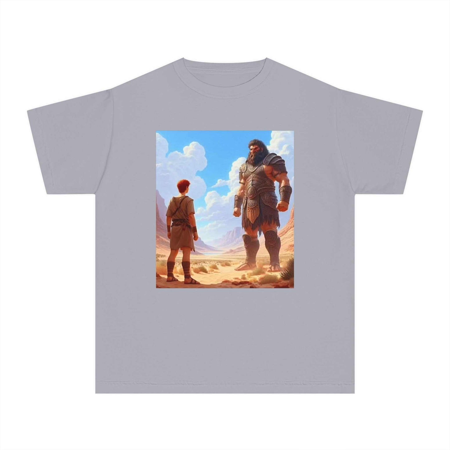 Boys' t-shirt featuring David and Goliath, 100% combed cotton, classic fit, soft-washed.