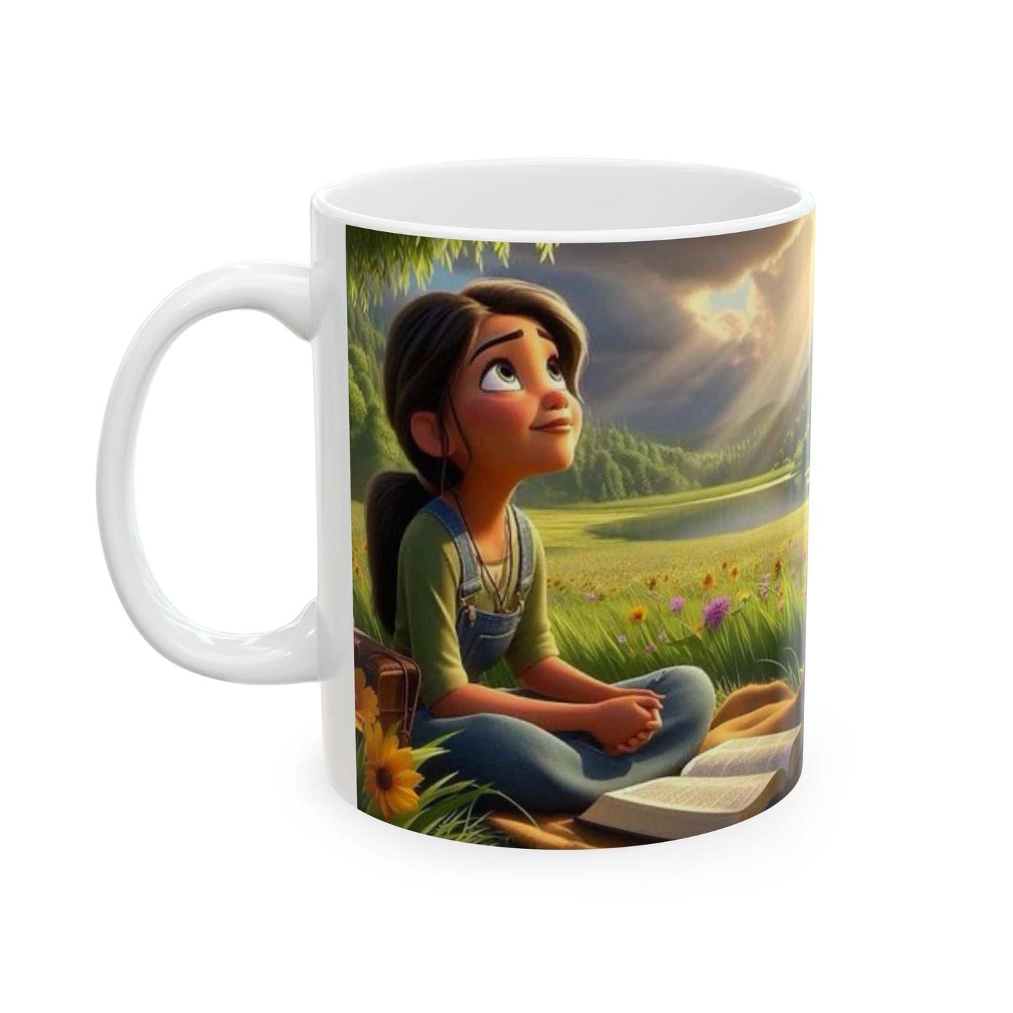 Ceramic coffee cup with meditating girl design and Isaiah 26:3 scripture, BPA and lead-free, available in 11oz and 15oz sizes.