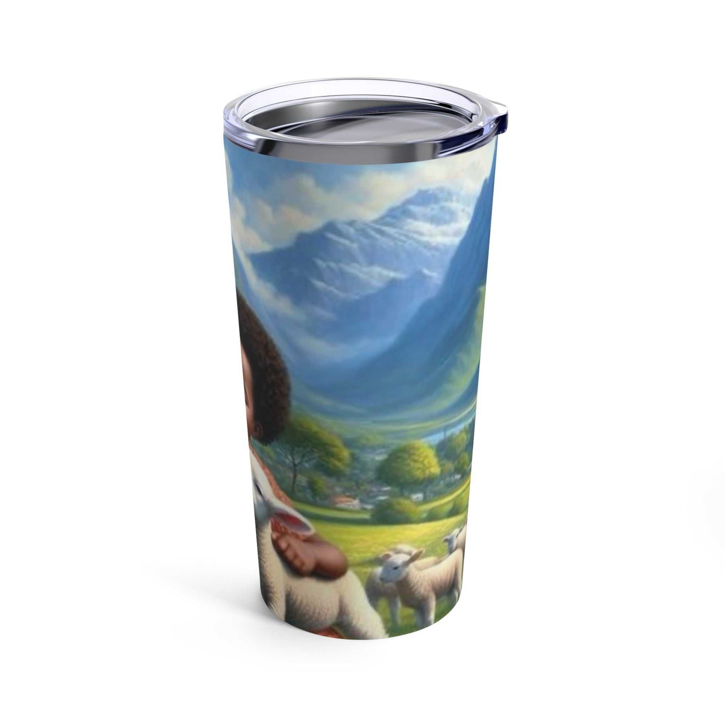 20oz tumbler with child, lion, and sheep design; insulated stainless steel with clear lid.