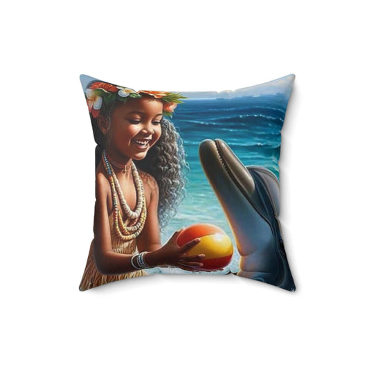 Pillow with girl playing with dolphin on one side and boy swimming with turtle on the other, 16x16 inches, double-sided print.