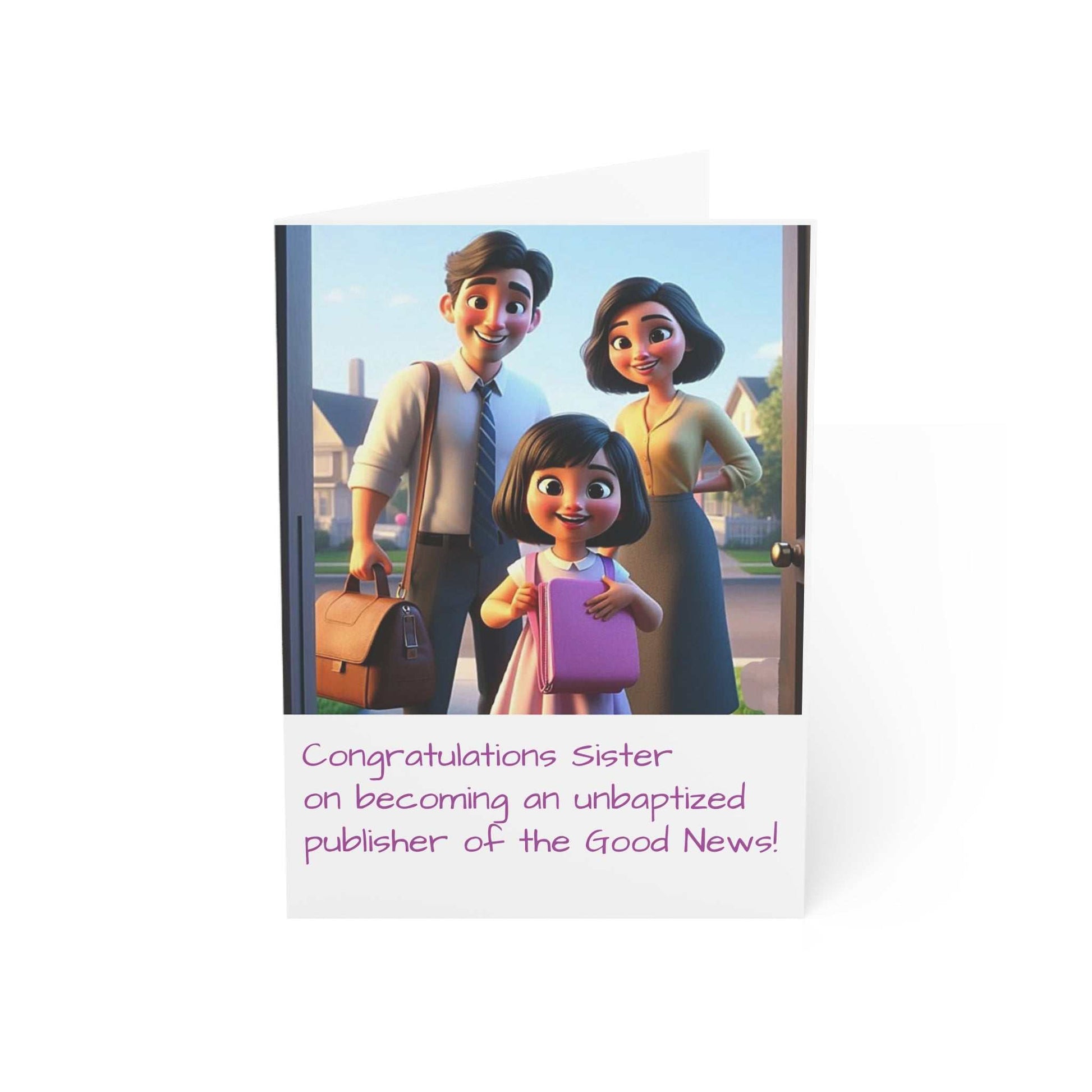 Greeting card featuring young sister becoming an unbaptized publisher of the Good News, includes envelope.