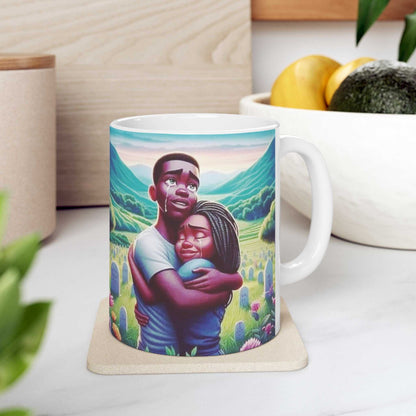 Ceramic coffee cup with vibrant design of a happy couple hugging in paradise, 11oz and 15oz sizes, dishwasher safe.