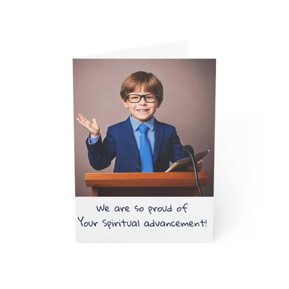 Greeting card featuring young boy at podium with message celebrating spiritual advancement.