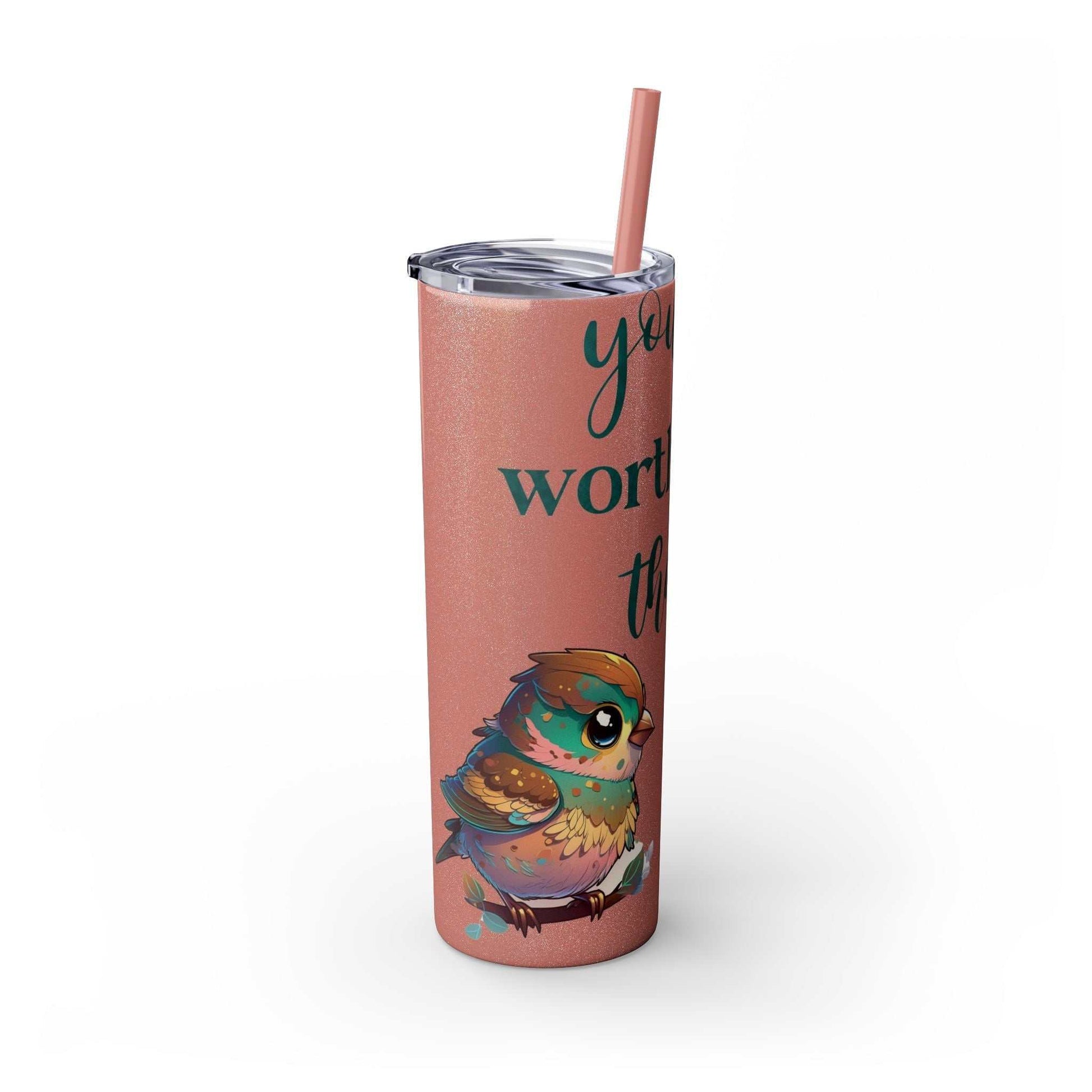 Stainless steel tumbler with bird design and positive message; keeps drinks hot or cold; includes lid and straw.