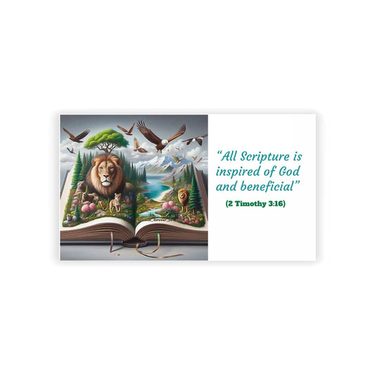 Greeting contact card featuring a peaceful biblical scene with a lion, birds, and scripture quote, highlighting encouragement and hope.