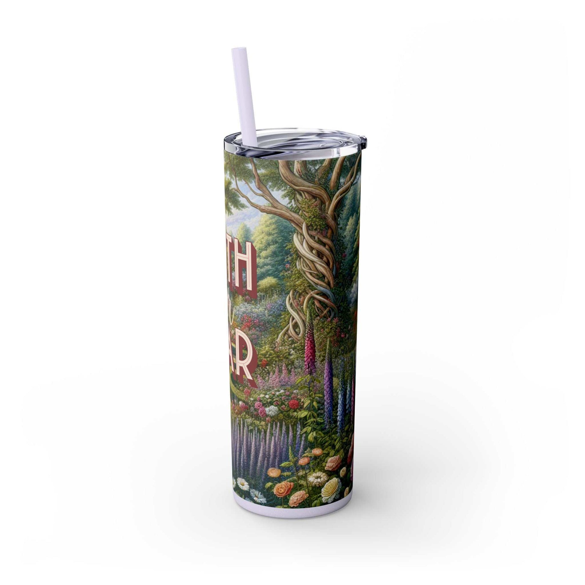 20 oz tumbler with straw featuring "Faith Over Fear" design, slim stainless steel, double-wall, BPA-free.