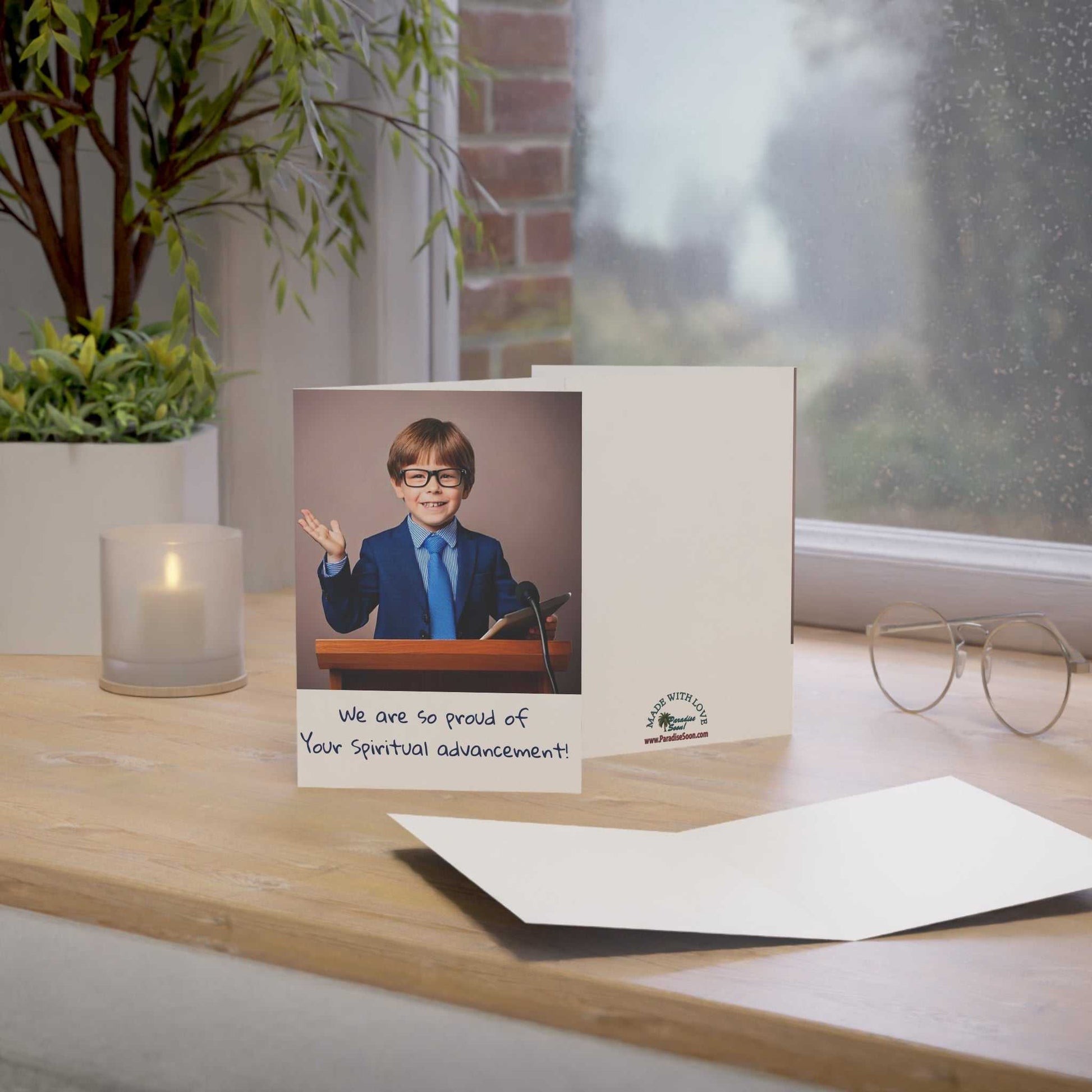 Greeting card featuring young brothers' first talk with envelope on a wooden table.