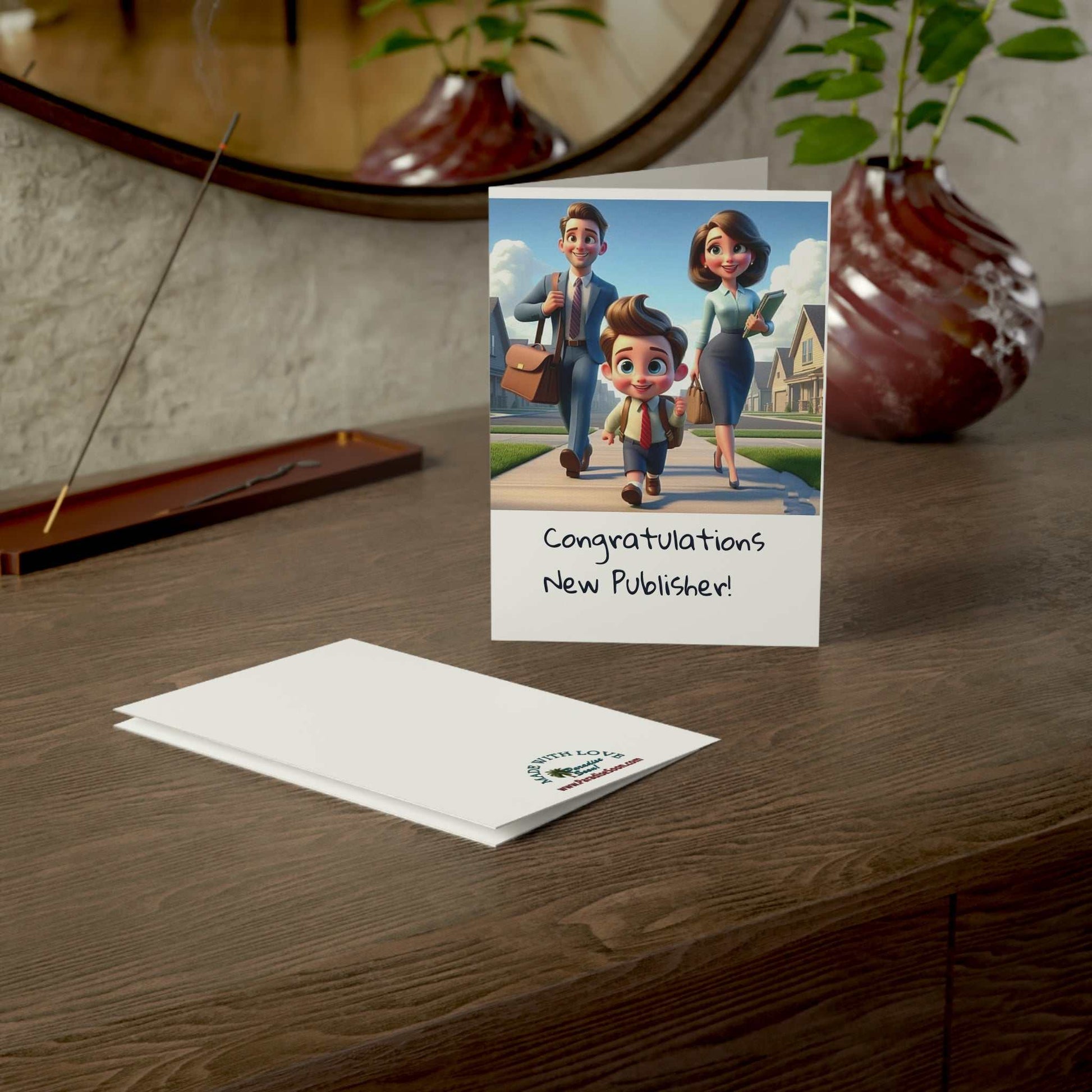 Greeting card for young unbaptized publisher with envelope on wooden table.