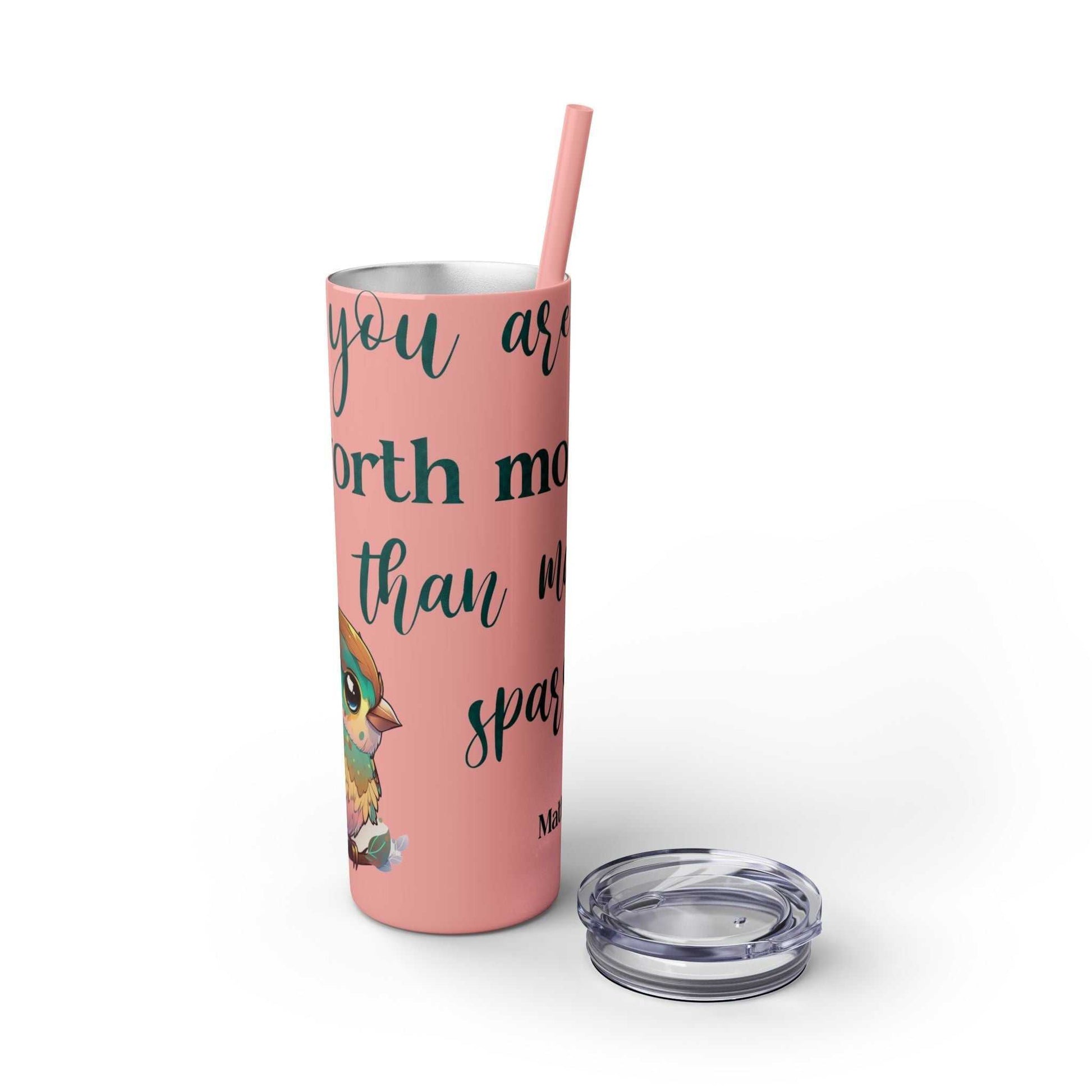 Stainless steel tumbler with "Worth More Than Sparrows" design; keeps drinks hot or cold; 20oz capacity; includes lid and straw.