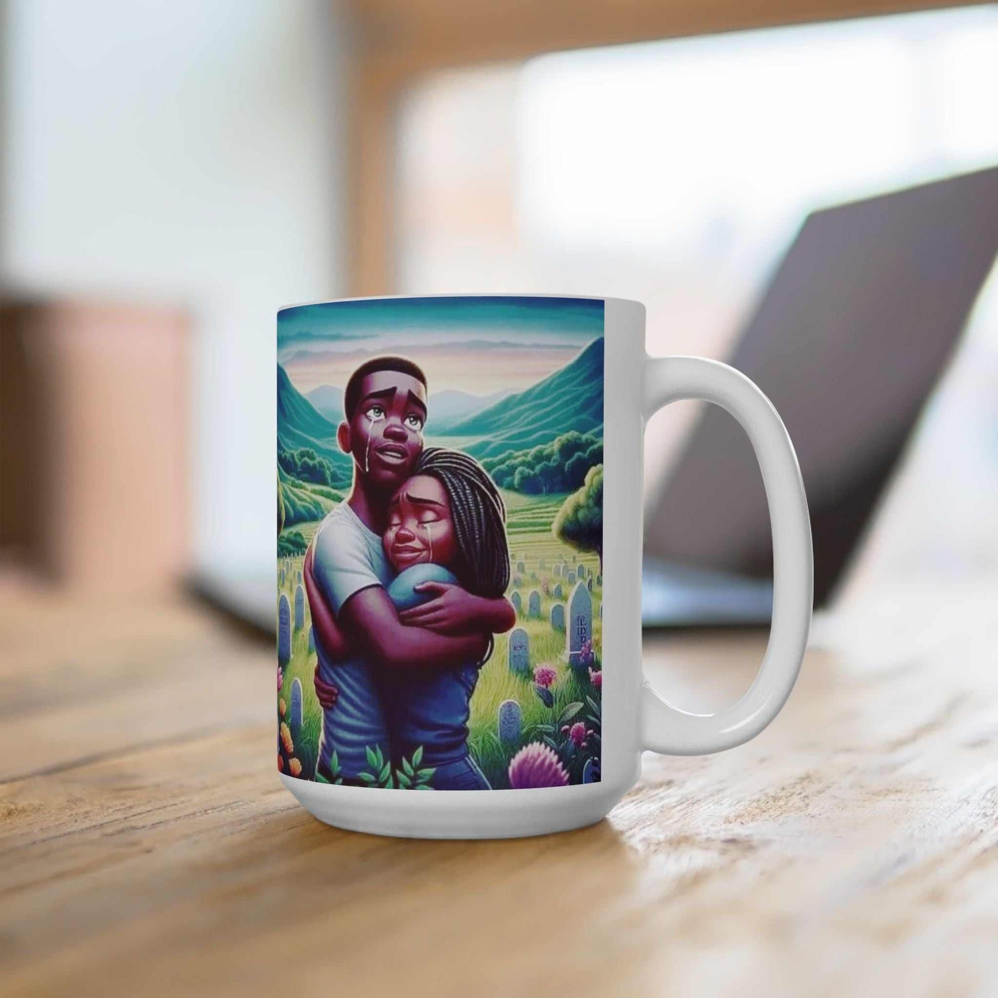 Ceramic coffee cup featuring a happy couple embracing in a paradise landscape, vibrant colors, glossy finish, available in 11oz and 15oz sizes.