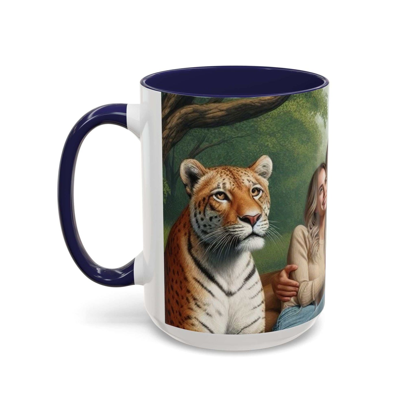 Ceramic coffee cup with tiger and lion design, durable glossy finish.