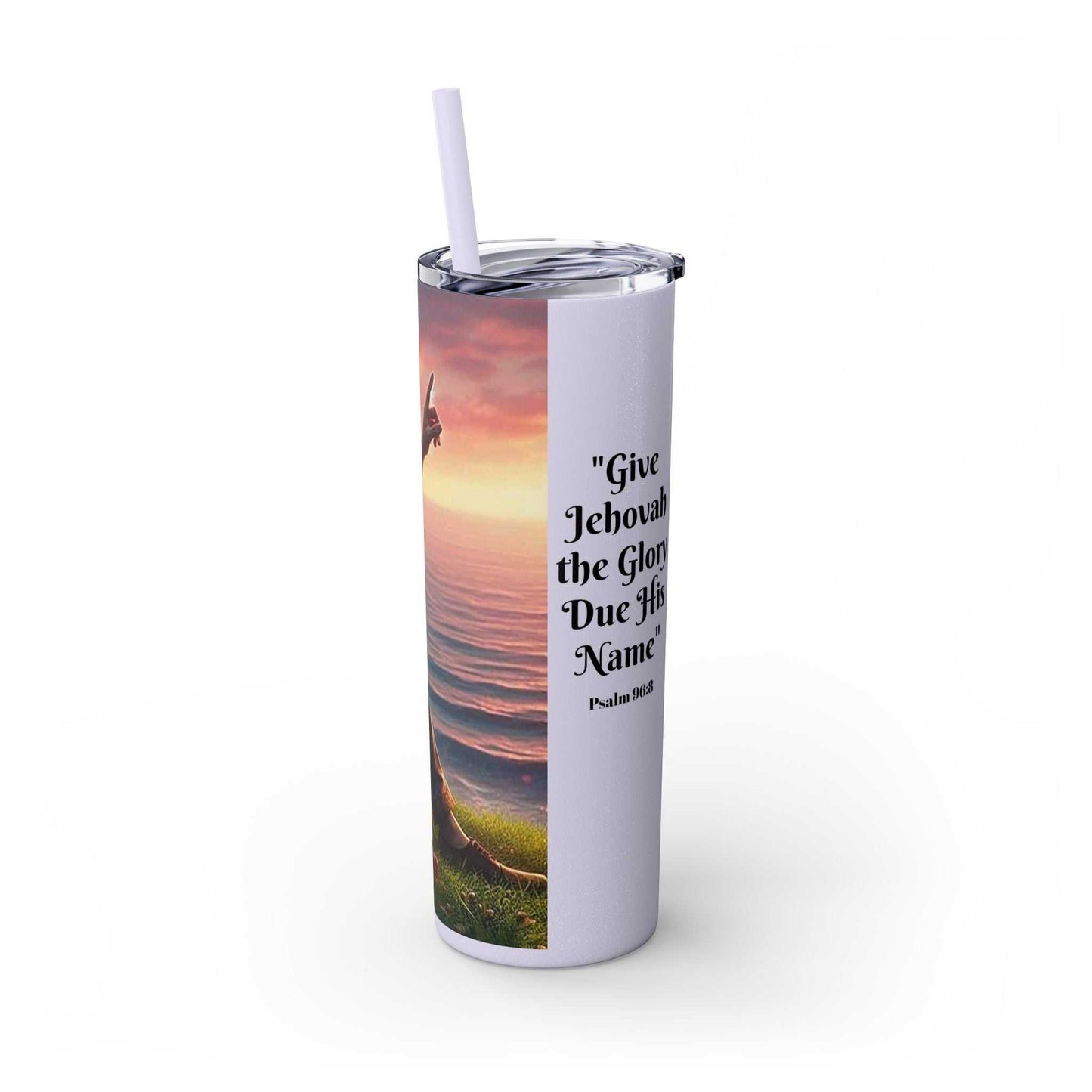 Skinny tumbler with 2025 Year Text for Jehovah's Witnesses, 20oz, sleek design, BPA-free, keeps drinks hot or cold.