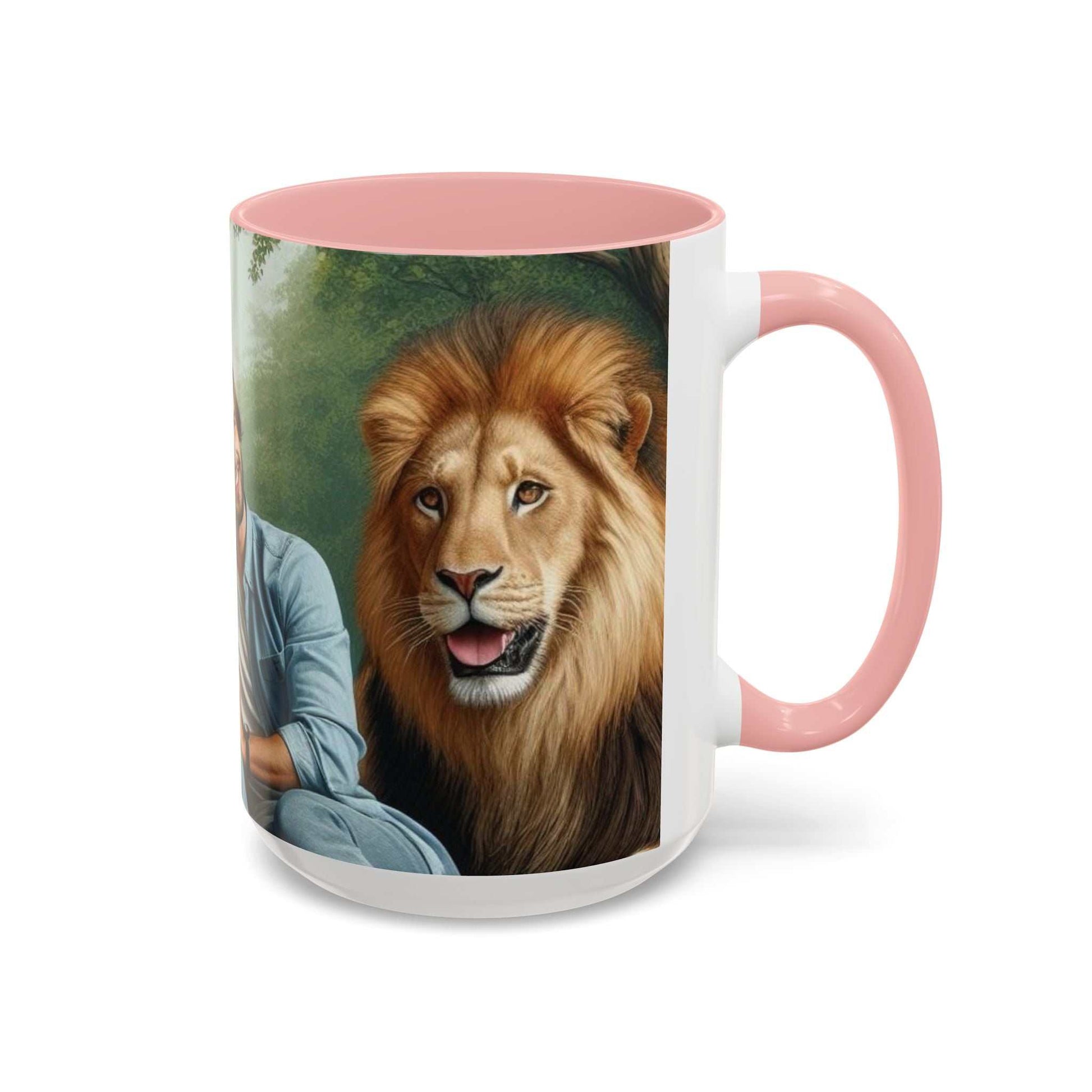 Ceramic coffee cup with a vibrant design featuring a couple, a tiger, and a lion.