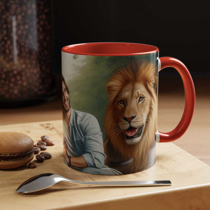 Ceramic coffee mug featuring a couple, tiger, and lion with glossy finish and vibrant colors.