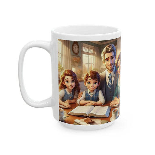 Ceramic coffee cup featuring a family teaching scene with vibrant design and glossy finish.