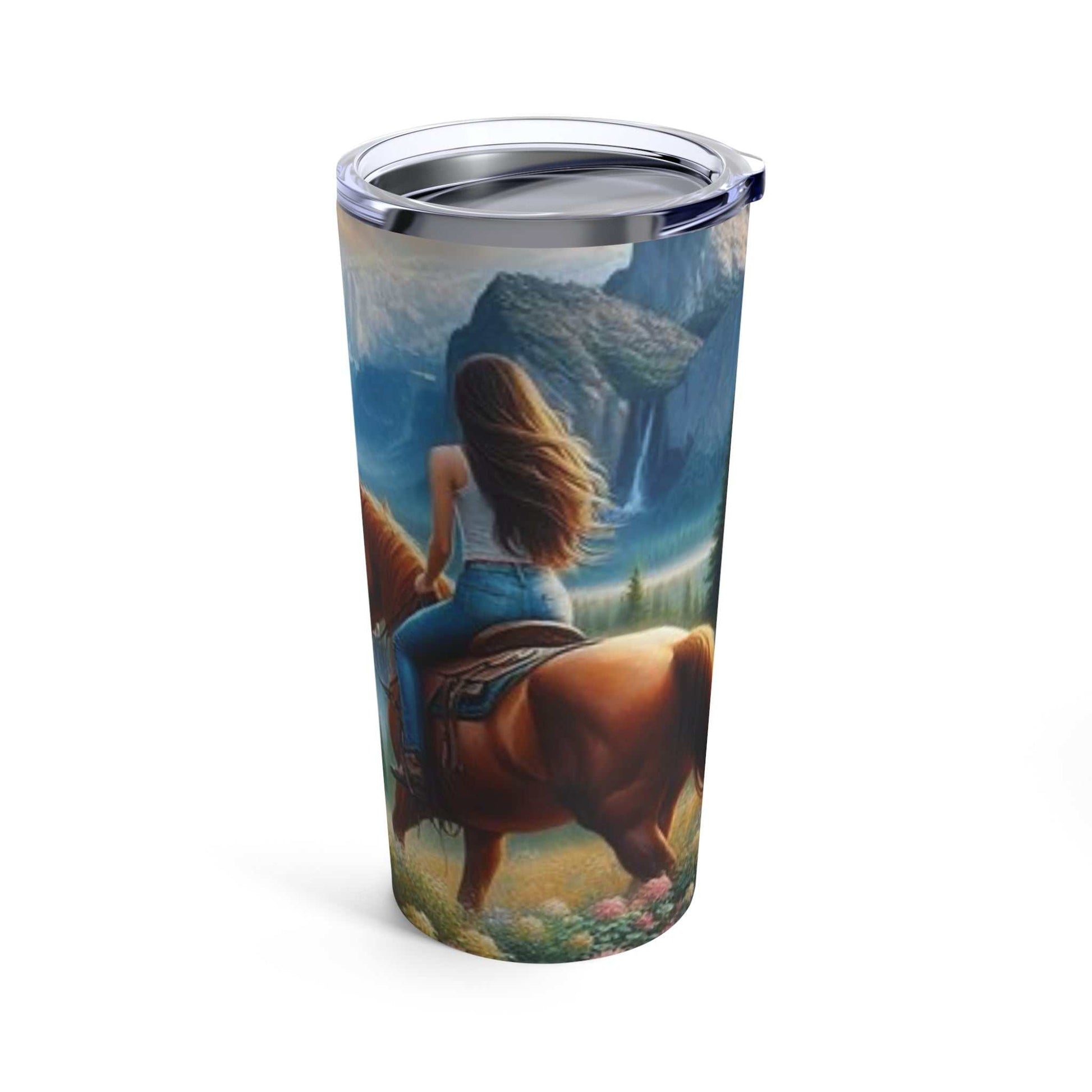 20oz stainless steel tumbler featuring couple horseback riding design, durable and dishwasher-safe.