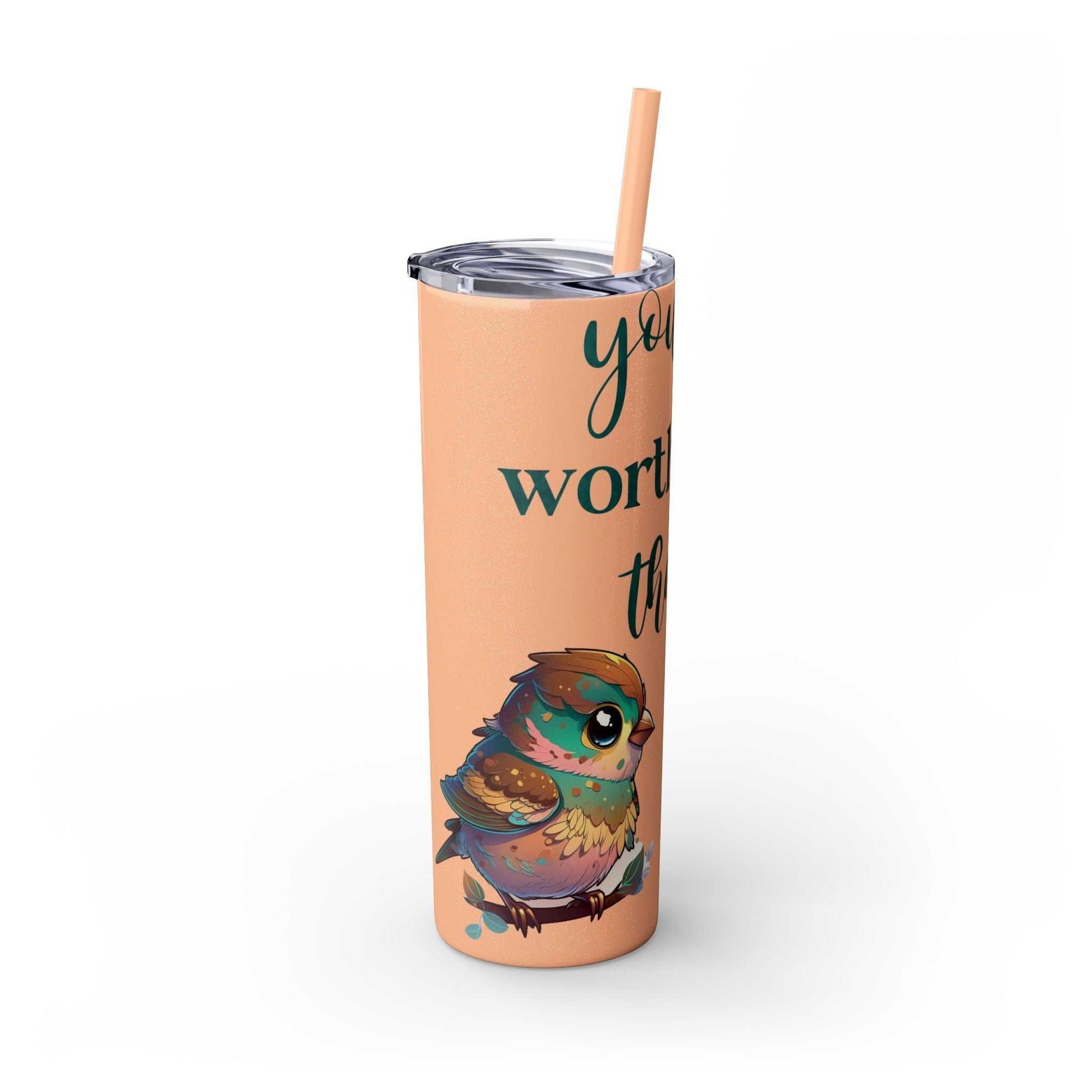 Stainless steel tumbler with sparrow design, 20oz capacity, featuring matte finish and matching straw.