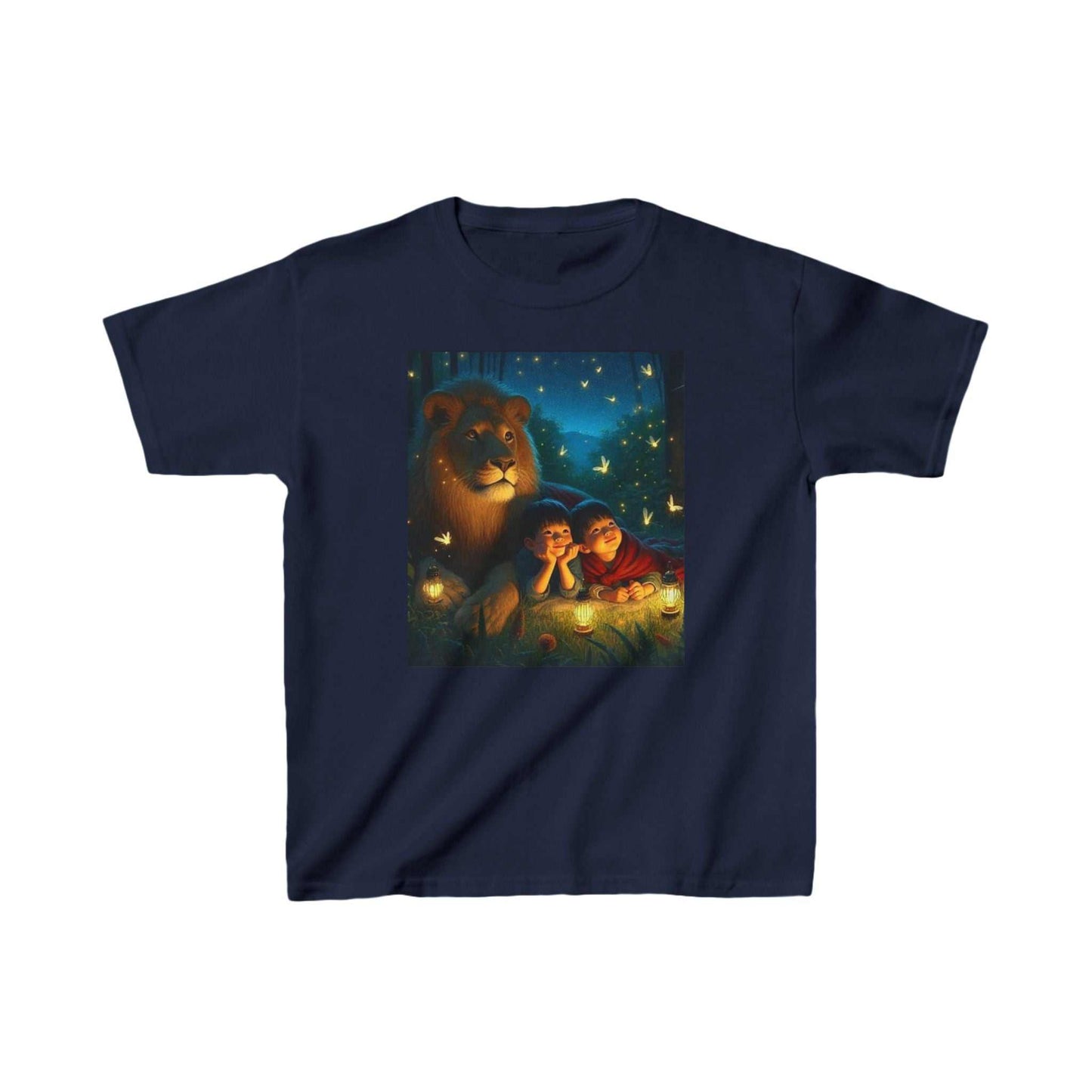 Kids heavy cotton tee with a nighttime animal design, featuring a bear and children under a starry sky.