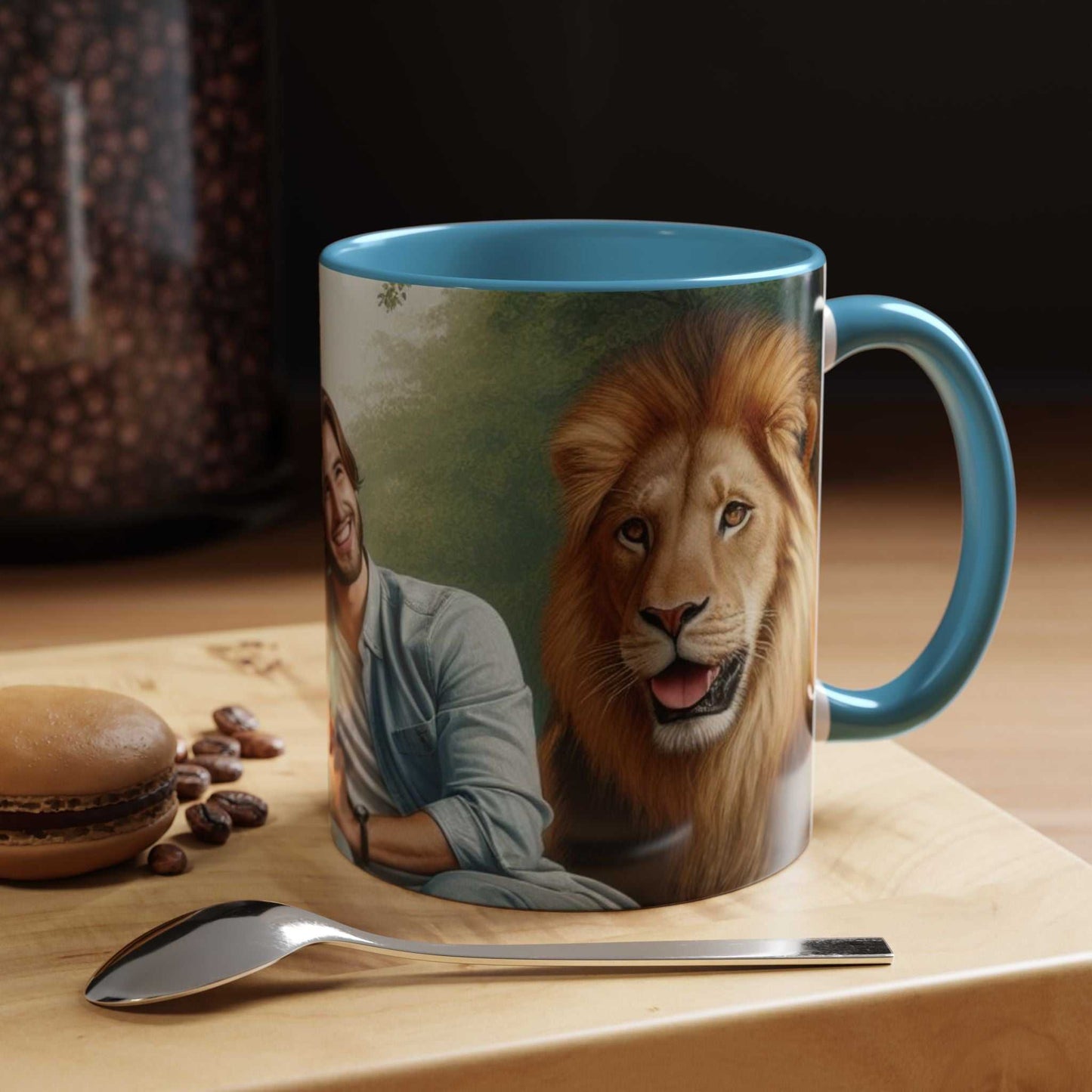 Ceramic coffee cup with a couple, tiger, and lion design.