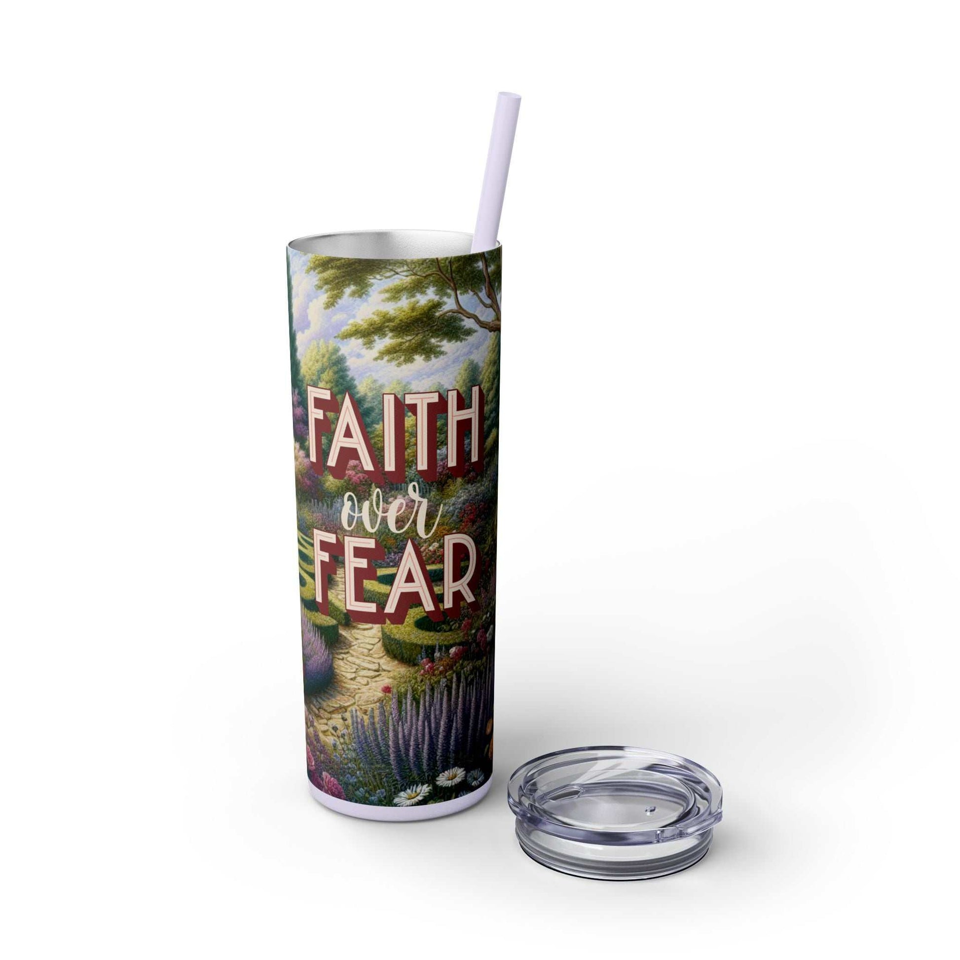 Tumbler with straw featuring "Faith Over Fear" design, 20 oz, stainless steel, keeps drinks hot or cold, non-toxic.