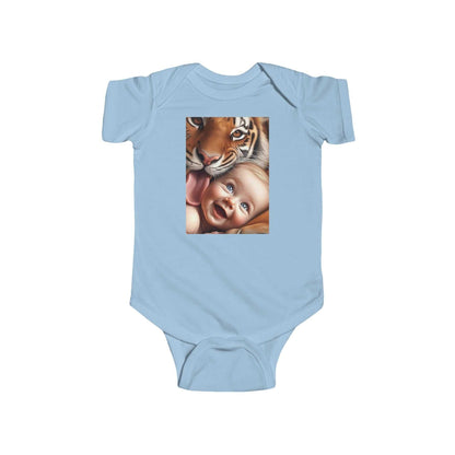 T-Shirt Blue baby onesie featuring a tiger with a baby design on the front.