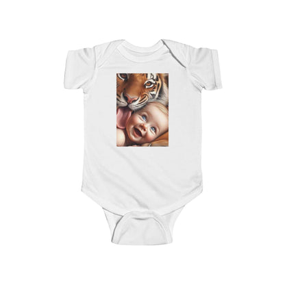 T-Shirt Baby onesie with a tiger kissing baby design, 100% cotton, durable and soft fabric.