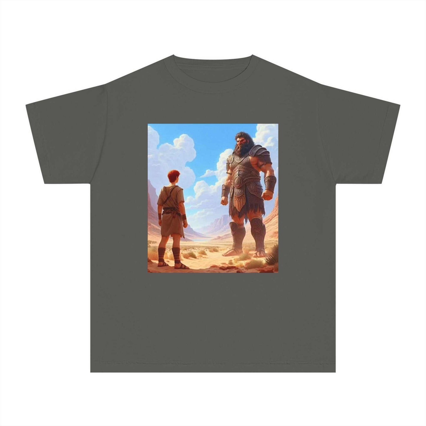 Boys' t-shirt featuring David and Goliath, 100% combed cotton, classic fit.