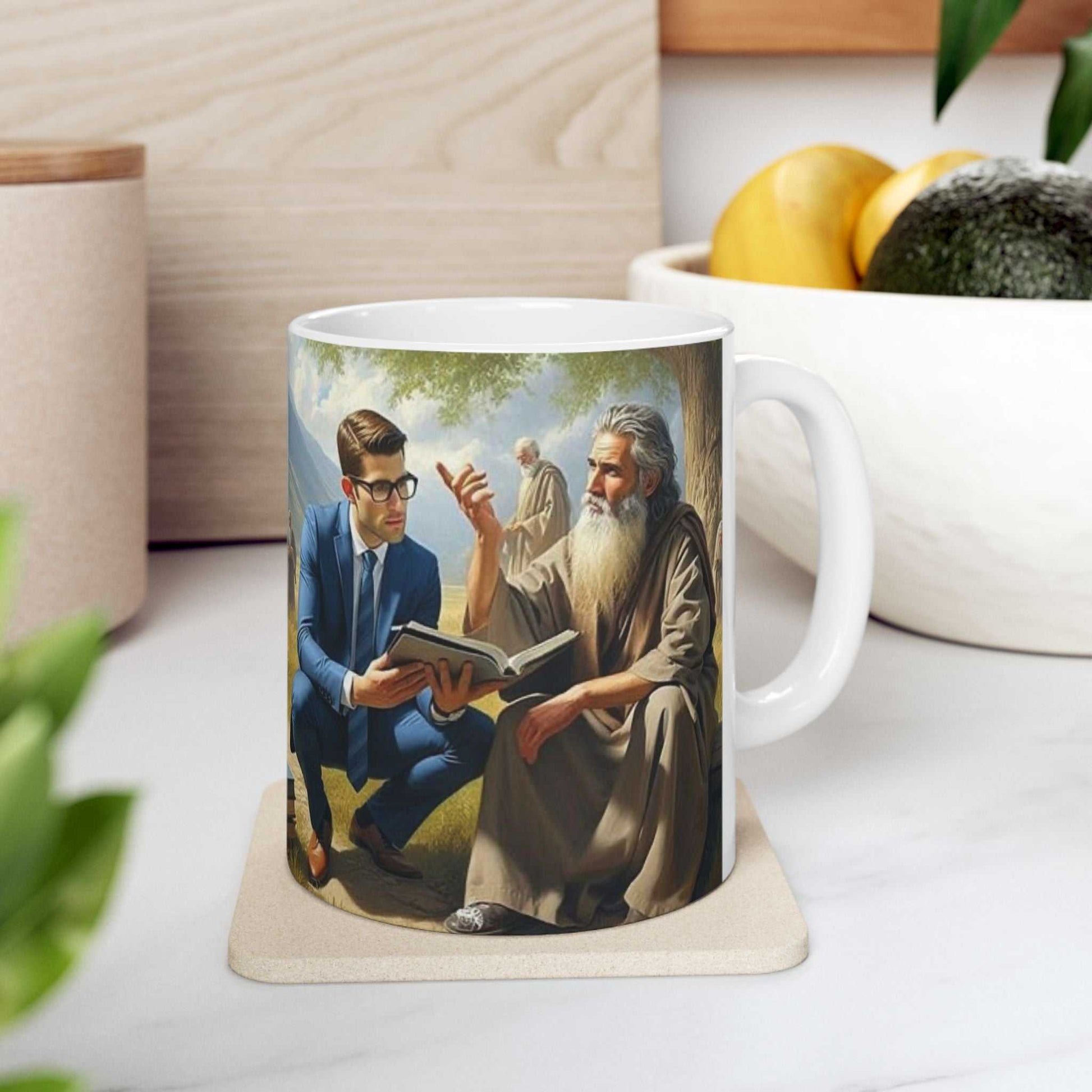 Ceramic coffee cup with vibrant design of family worship and teaching a resurrected man in paradise.