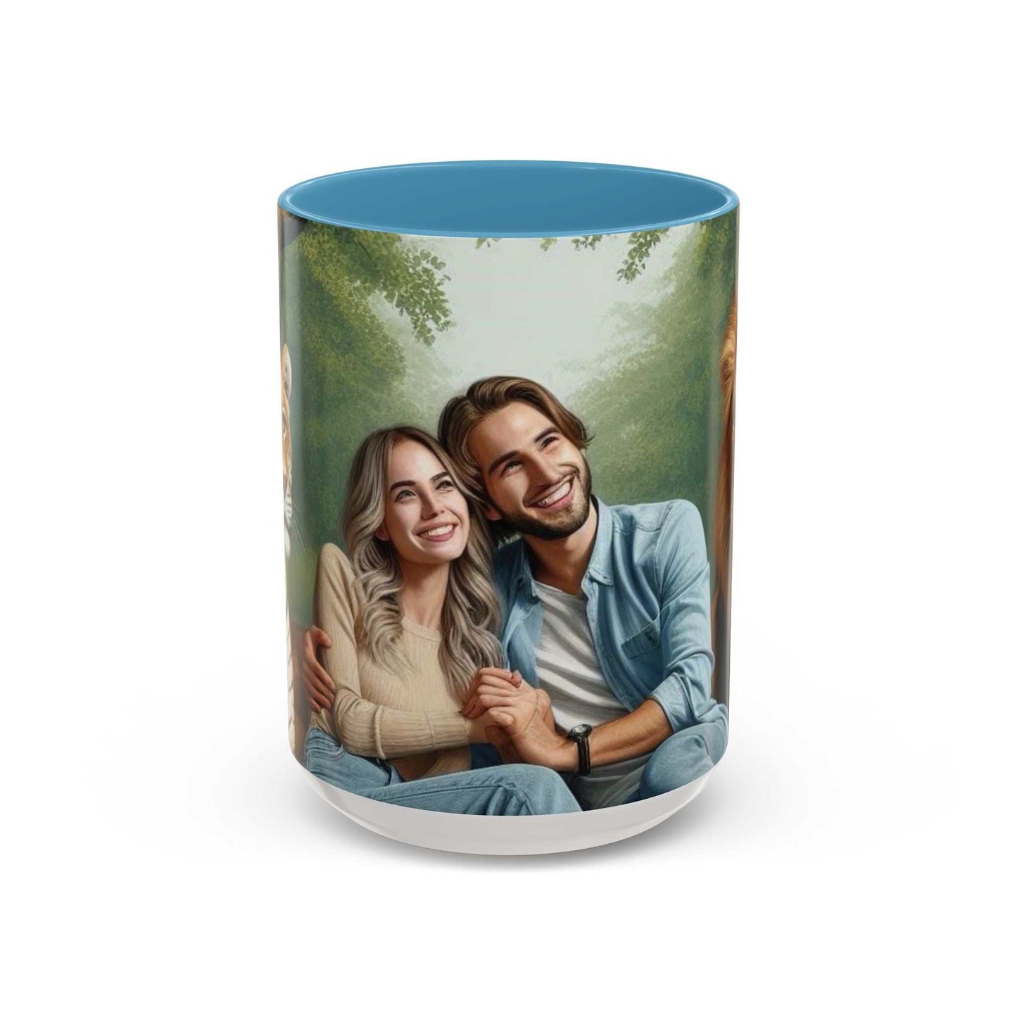 Ceramic coffee cup featuring couple with tiger and lion design, glossy finish, vibrant colors.