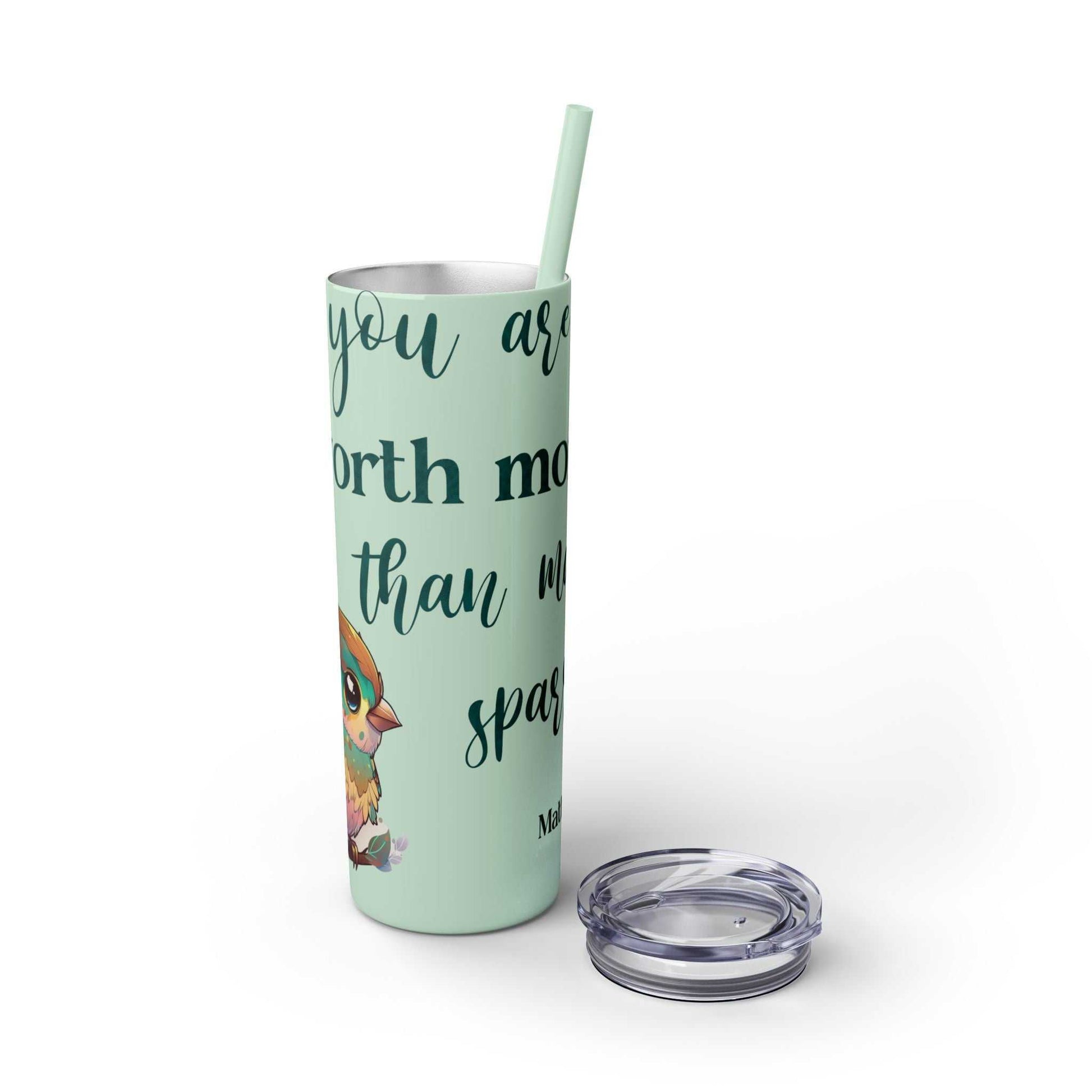 Stainless steel tumbler with "Worth More Than Sparrows" design, 20oz, matte finish, includes lid and straw.