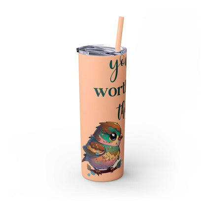 Stainless steel tumbler with sparrow design, featuring motivational text, 20oz capacity, and color-matching straw.