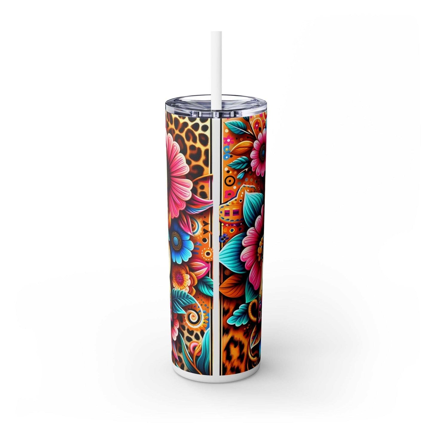 20oz tumbler with vibrant design, plastic lid and straw, keeps drinks hot for 12 hours and cold for 24, BPA-free materials.