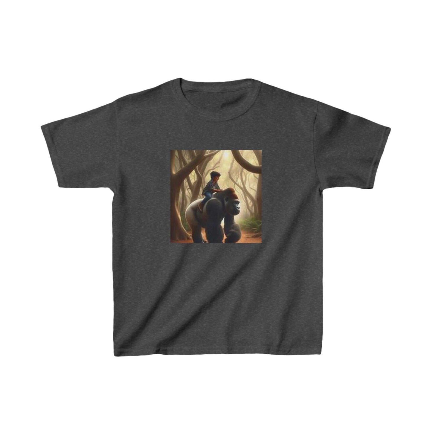 Child's t-shirt featuring a boy riding a gorilla, durable cotton fabric, perfect for everyday use.