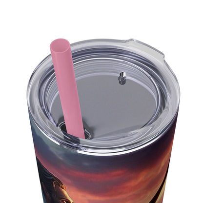 Skinny tumbler with 2025 year text design, featuring a tapered design, pink straw, and plastic lid.