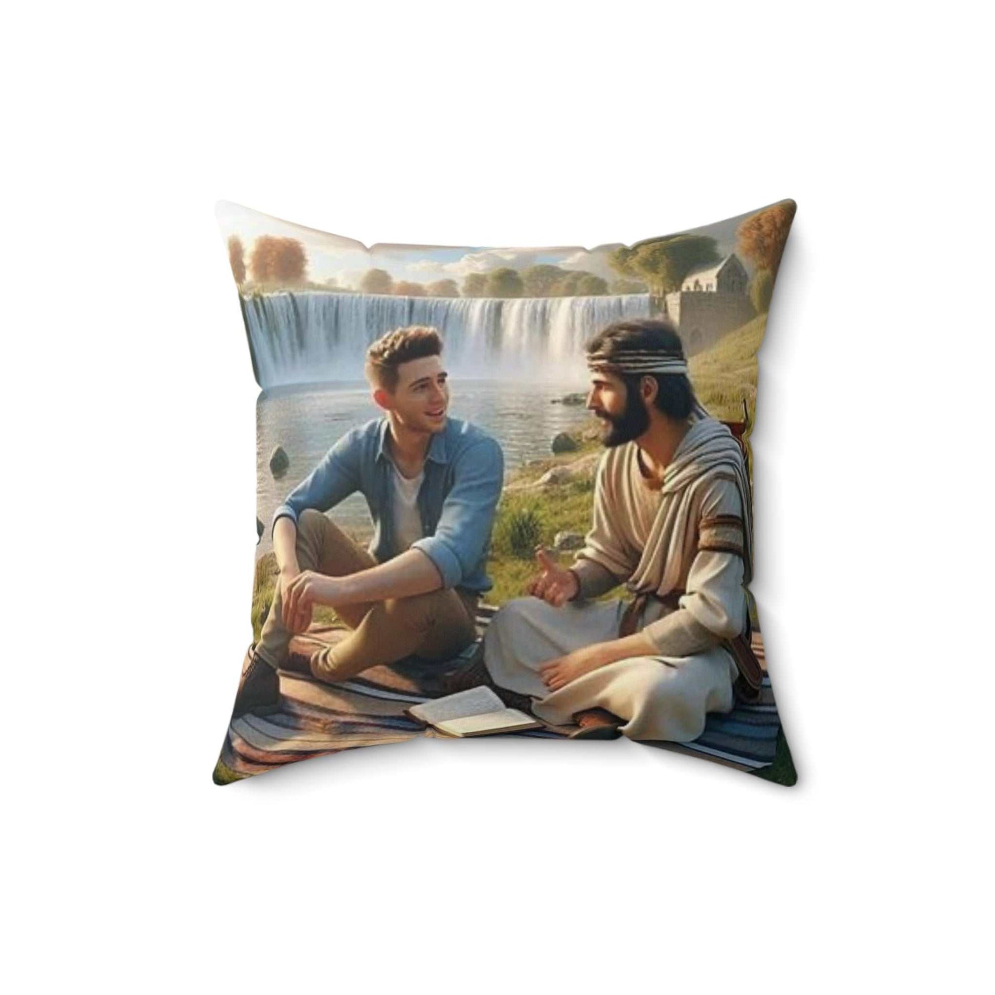 Square decorative pillow featuring teaching a resurrected man in paradise, 16x16 inches, double-sided print.