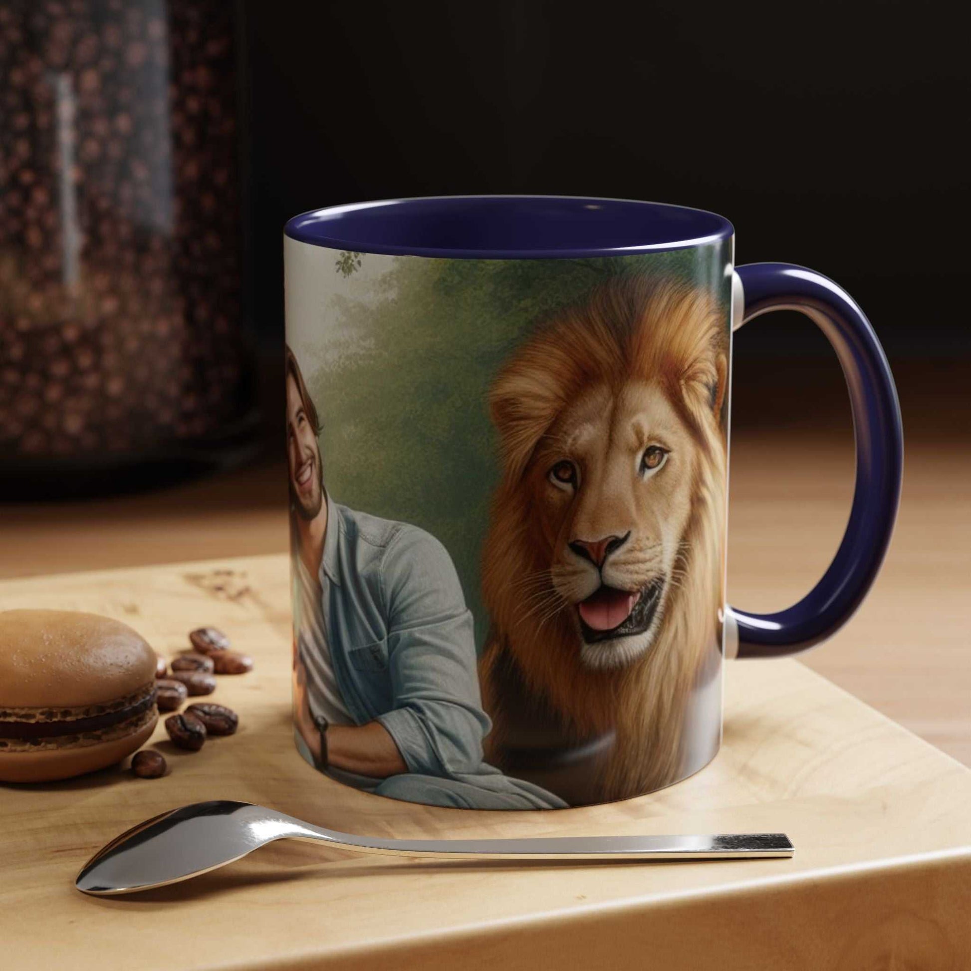 Ceramic coffee cup featuring couple with tiger and lion, glossy finish, vibrant colors.