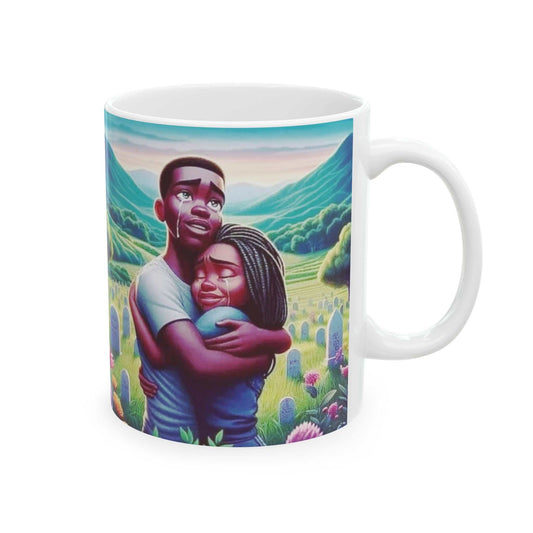 Ceramic coffee cup featuring a happy couple hugging in a paradise landscape.