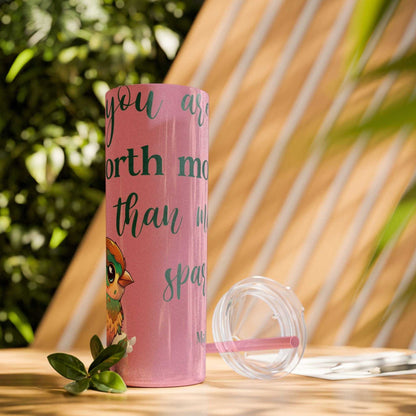 20oz stainless steel tumbler with inspirational design, includes plastic lid and straw, keeps drinks hot or cold, eco-friendly.