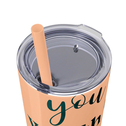 Stainless steel tumbler with "Worth More Than Sparrows" design, featuring a color-matching straw and plastic lid, 20oz capacity, keeps drinks cold for 24 hours and hot for 12 hours.