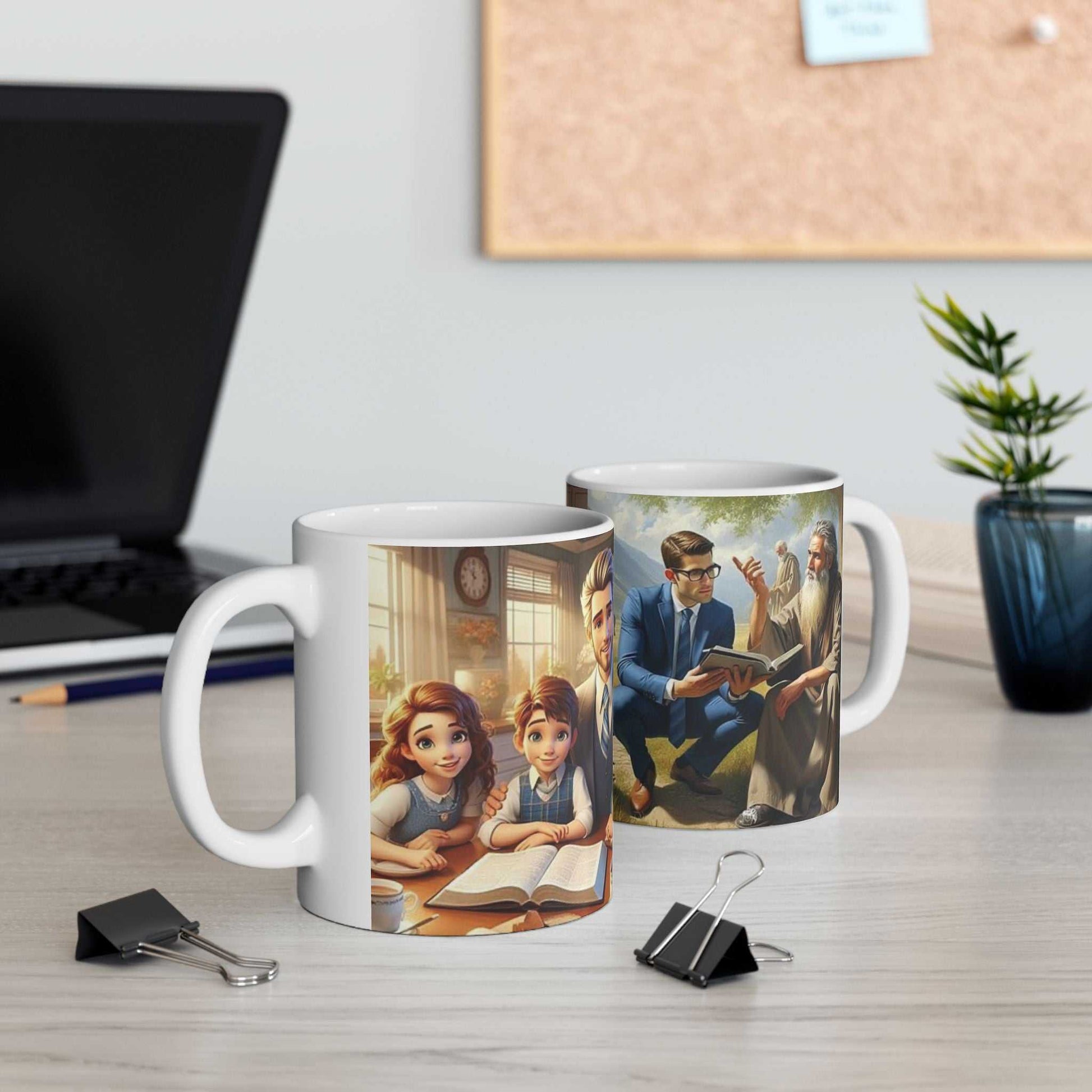 Ceramic coffee cup featuring family worship and teaching scenes, glossy finish, vibrant colors, microwave and dishwasher safe.