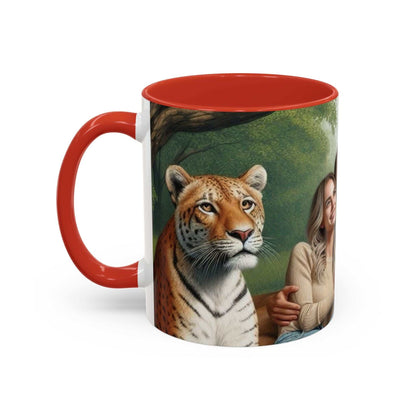 Ceramic coffee cup with tiger and lion design, featuring a couple; dishwasher and microwave safe.