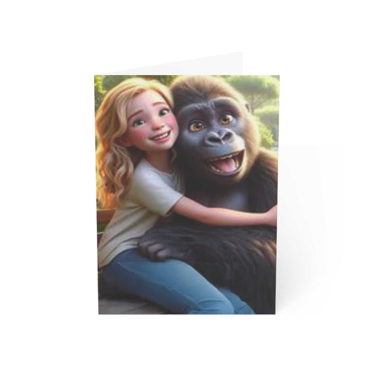 Girl hugging a gorilla on a greeting card, 270gsm paper, 5" x 7", with envelopes included.