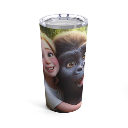 20oz stainless steel tumbler with a playful design of a little girl hugging a gorilla, ideal for hot or cold drinks.