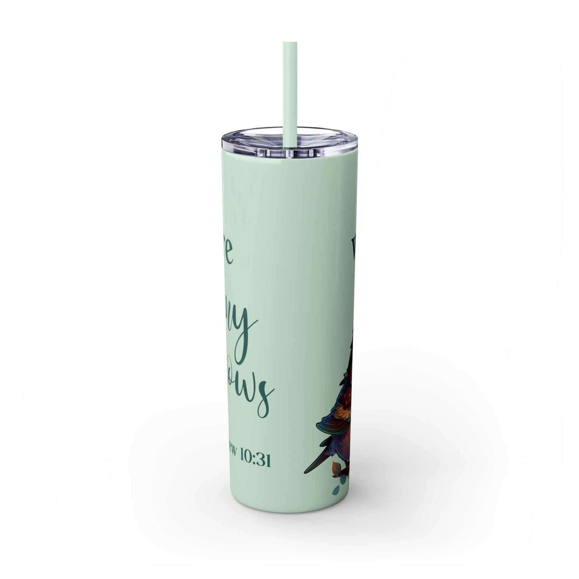 Stainless steel tumbler with "Worth More Than Sparrows" design, featuring color-matching straw and press-on lid.