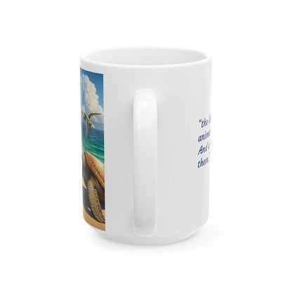 Ceramic coffee cup with turtle and lion design, Isaiah 11:6 theme, glossy finish.