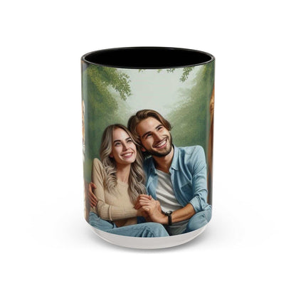 Ceramic coffee cup featuring a couple with a tiger and lion design, glossy finish.