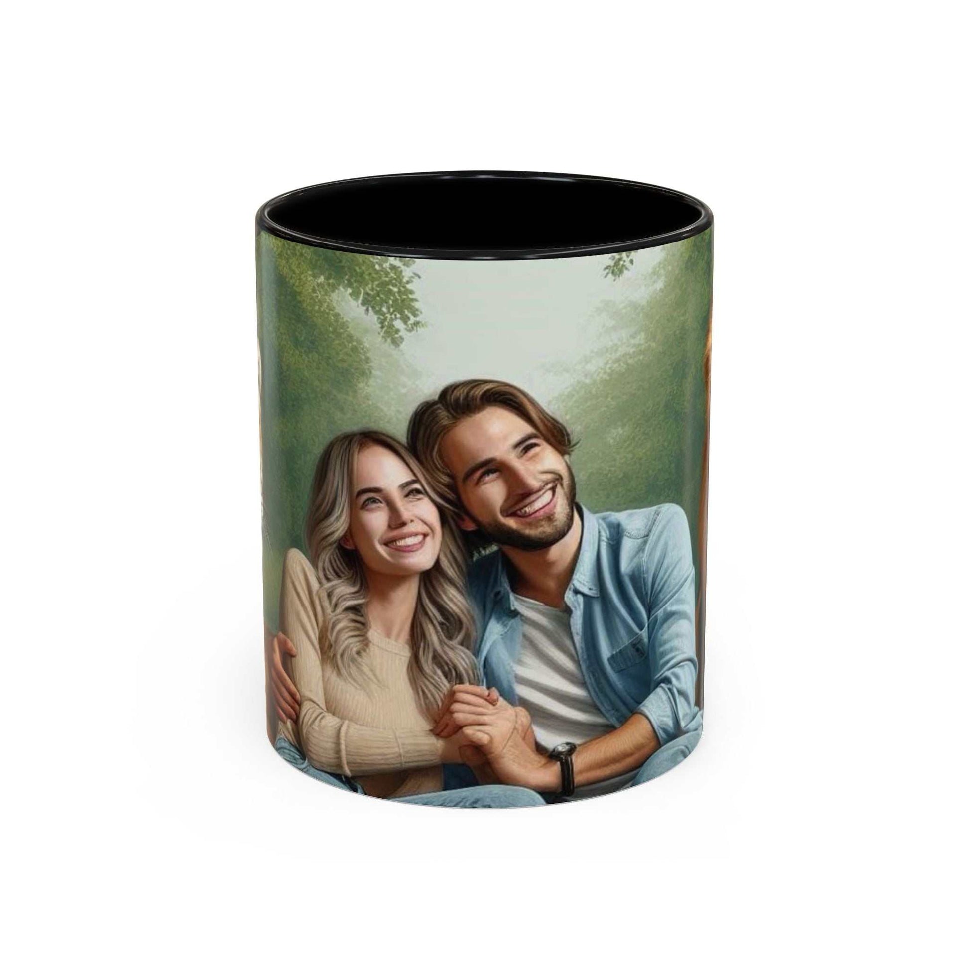 Ceramic coffee mug featuring a couple with a tiger and lion design, vibrant colors, glossy finish.